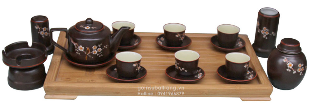 Khay gỗ đựng bộ ấm chén uống trà Bát Tràng