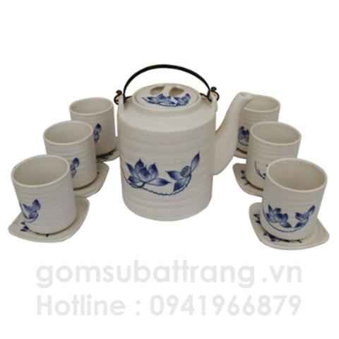 Bộ ấm trà Bát Tràng dáng tích vẽ sen xanh cực đẹp