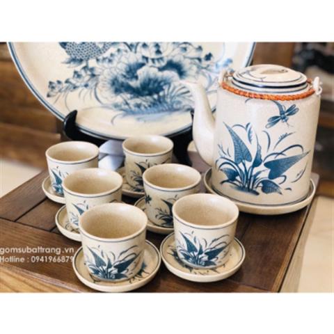 Bộ ấm uống trà đẹp Bát Tràng dáng tích vẽ chuồn chuồn siêu đẹp