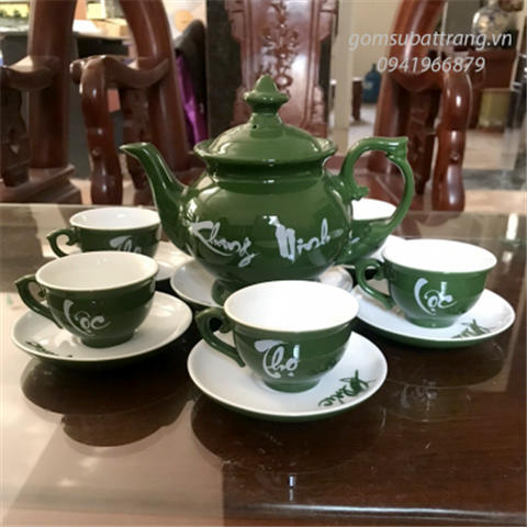Bộ ấm trà cao cấp Bát Tràng Phúc Lộc Thọ - Khang Ninh men xanh rêu